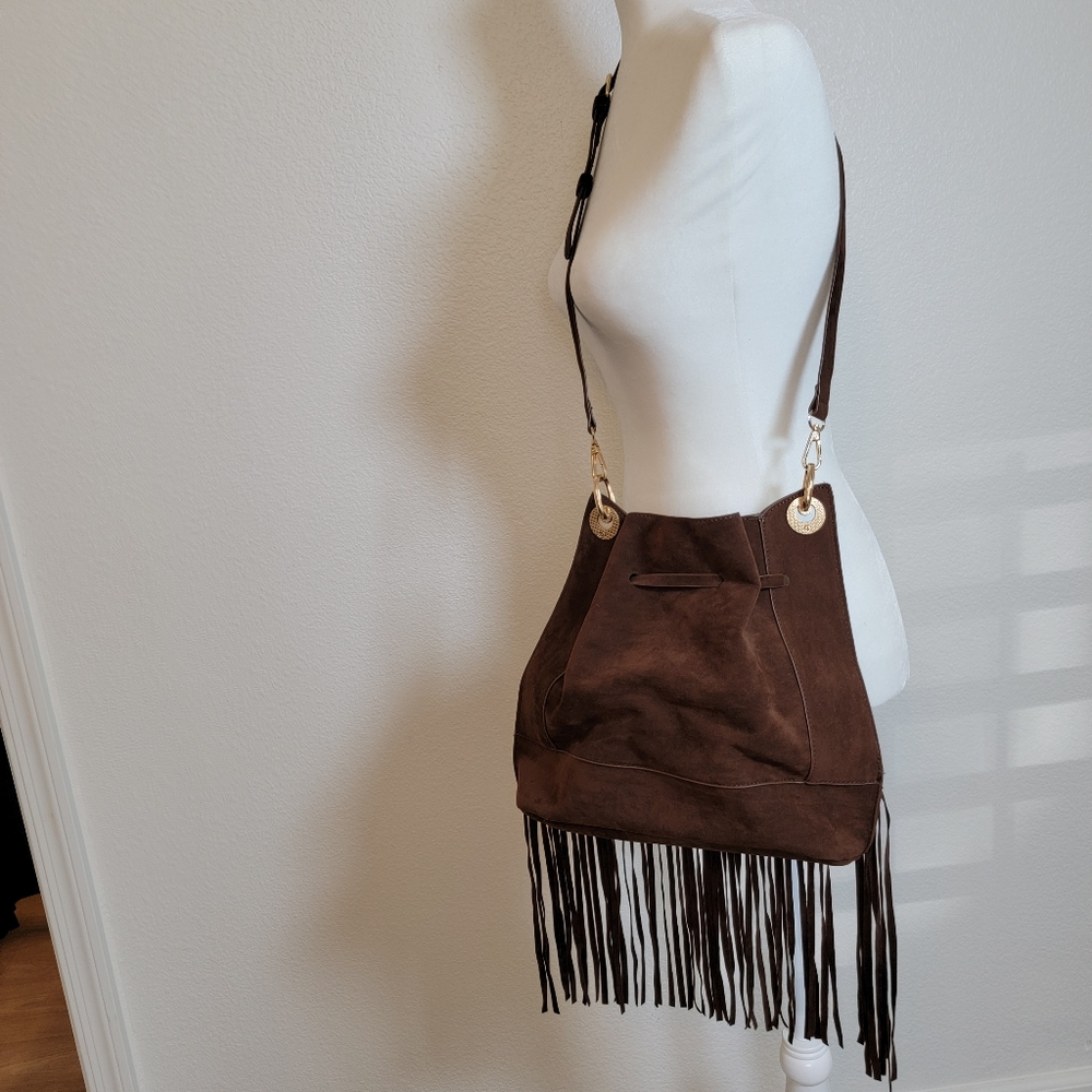 Boho Brown Faux Leather Crossbody Handbag Eith Fringe